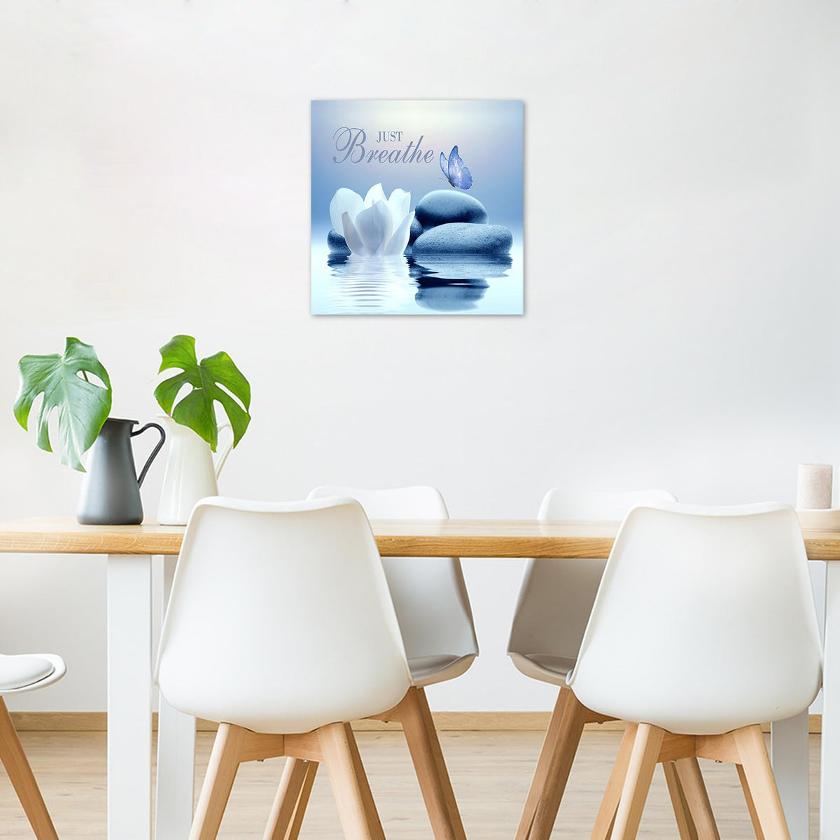 Zen Framed Wall Art 12x12 Inches Blue Butterfly and Water Lily Flower Stone Relaxing Just Breathe Canvas Prints Wall Art Bathroom Yoga Spa Calming Artwork for Bedroom Office Wall Decor (12"L x 12"W / Blue)