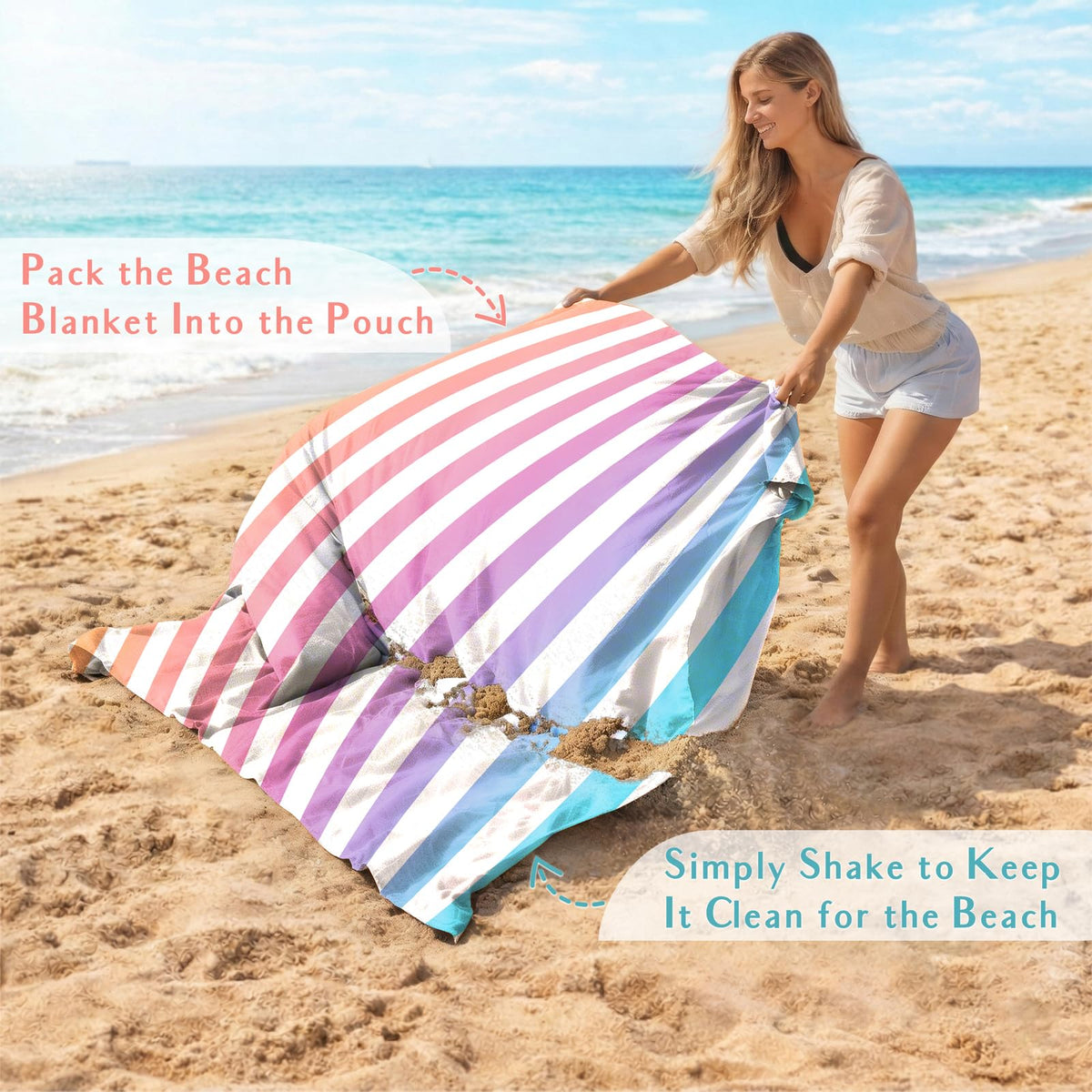 Beach Blanket Waterproof Sandproof (Purple Stripes / 79“×83”)