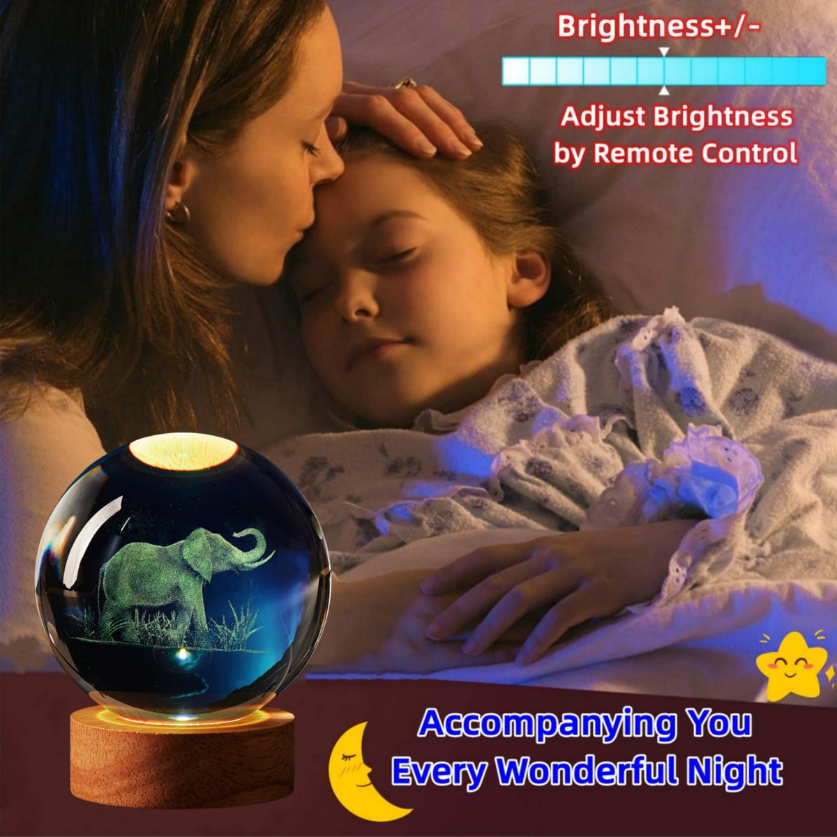 Large Elephant Crystal Ball Night Light with Woodern Base (elephant2)