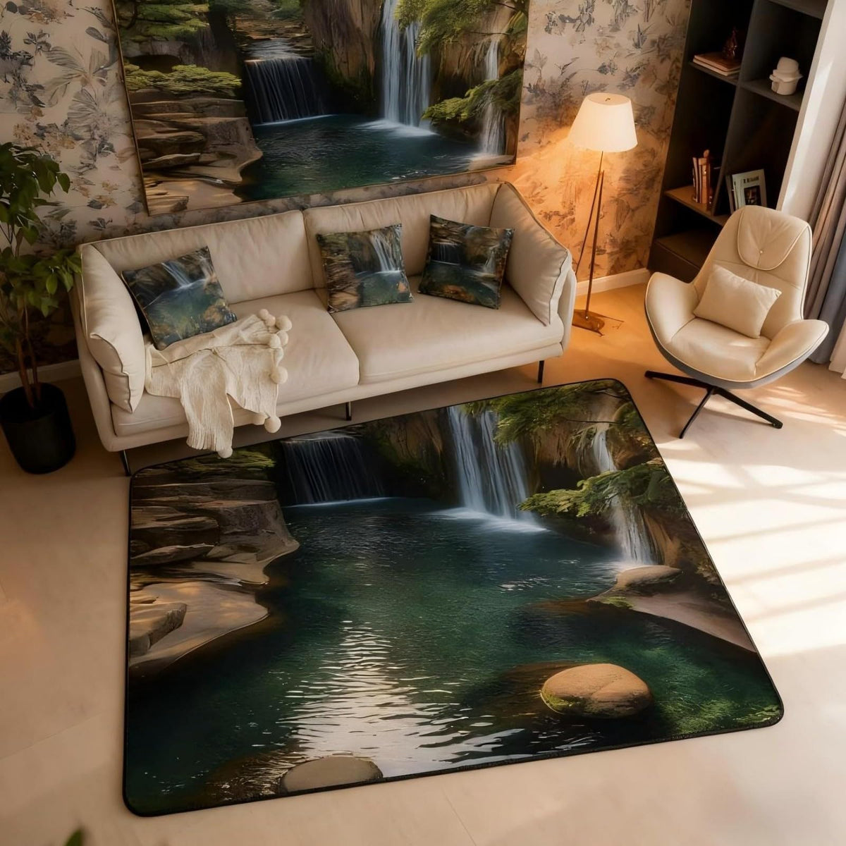 Waterfall 3 x 5 Area Rug Lake Cascade Scenery Rugs for Living Room (Green Brown / 3'3" x 4'11" (Rectangular))