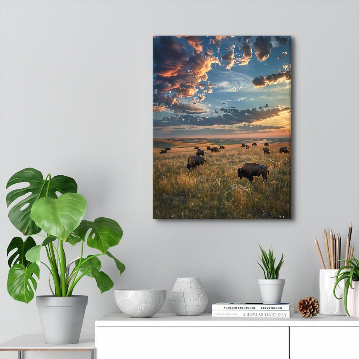 Cow Pictures Wall Decor American Bison Wall Art Tallgrass Prairie National Park Poster Nature Sunset Landscape Canvas Prints Highland Cow Artwork for Living Room Kitchen Home Decorations 12x16" (16"L x 12"W / Tallgrass Prairie)
