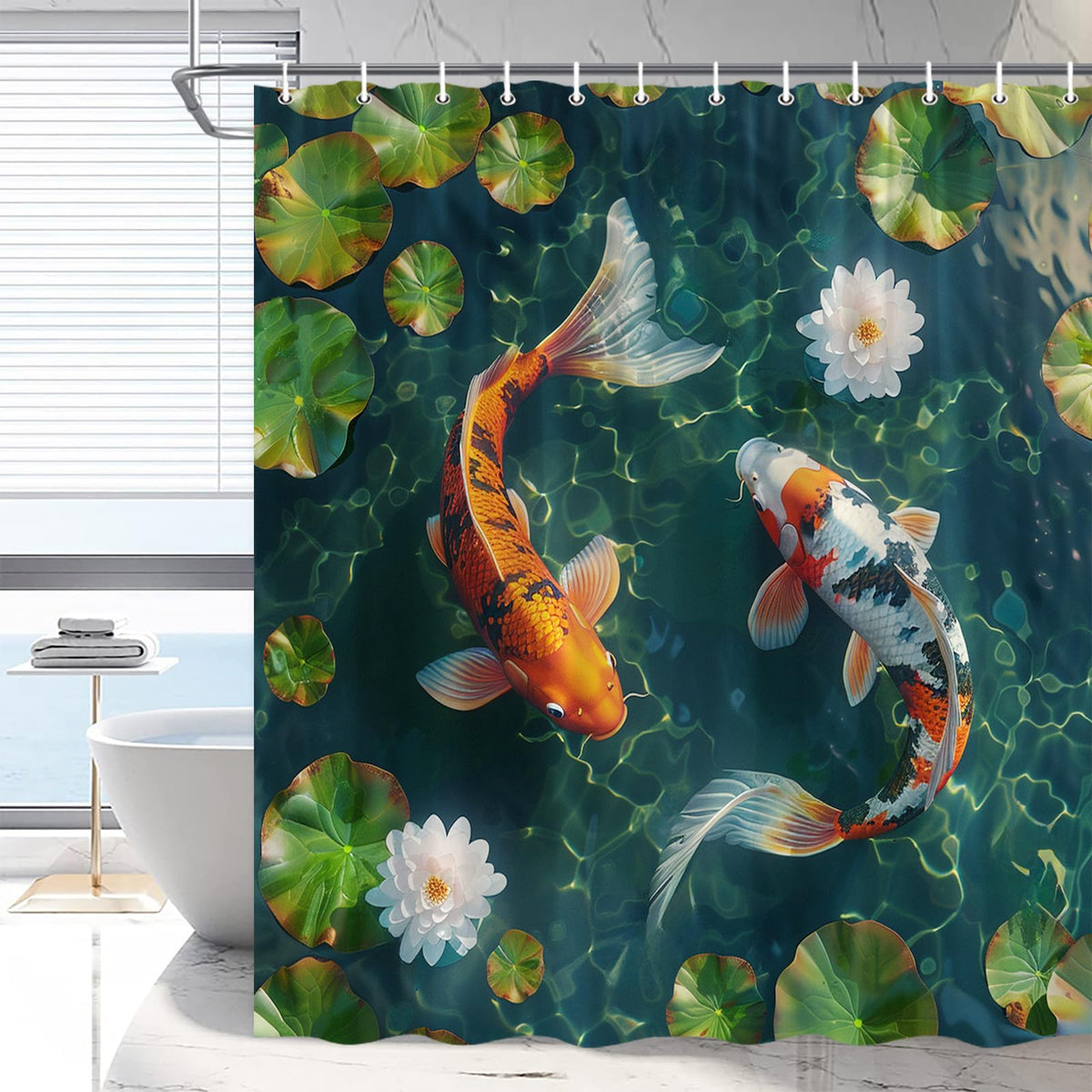 Japanese Fishes Shower Curtain Oriental Traditional Carp 78 x 70 in (Green Orange / 78"W x 70"L (Pack of 1))