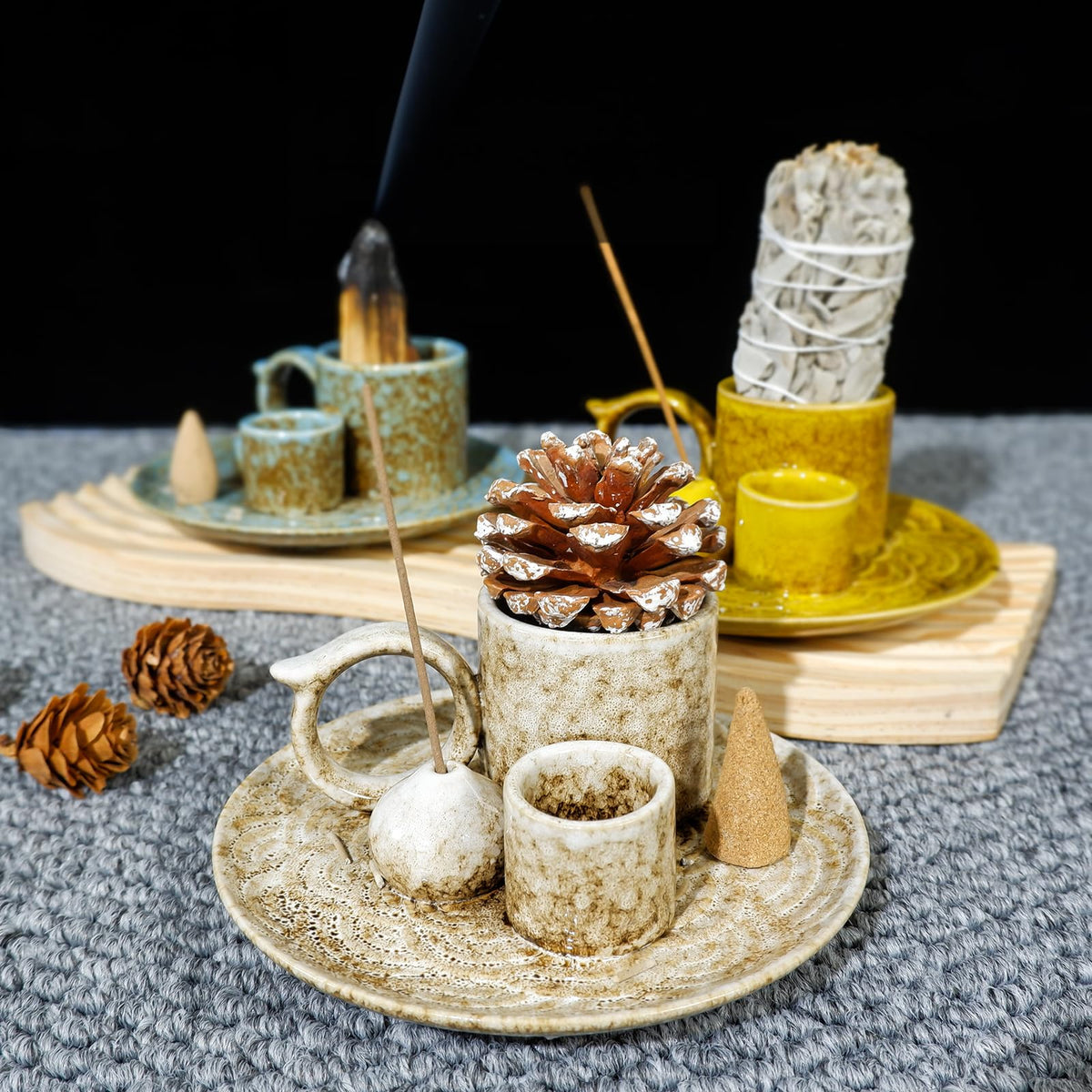 5-in-1 Ceramic Palo Santo Burner Holder Blue -Small Candle Holder (Blue)