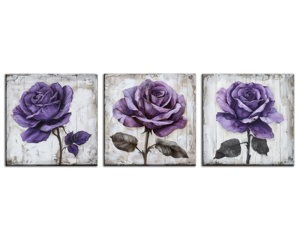 3Pcs Purple Rose Canvas Prints Wall Art Botanical Floral Art Modern Flower Artwork Ready to Hang Textured Wall Art Print Decorative Wall Hanging for Living Room Bedroom Kitchen (14 x 14 inches (3-Piece Set) / Purple Rose)