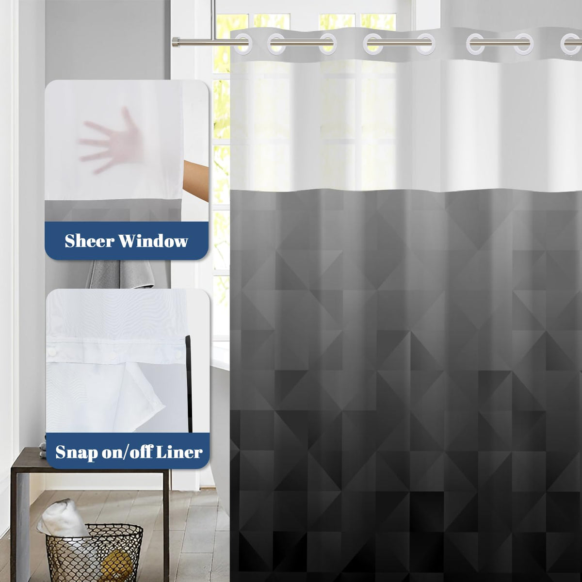 Gray and Black Ombre Geometric Shower Curtain with Snap in Liner (Gradient Gray)