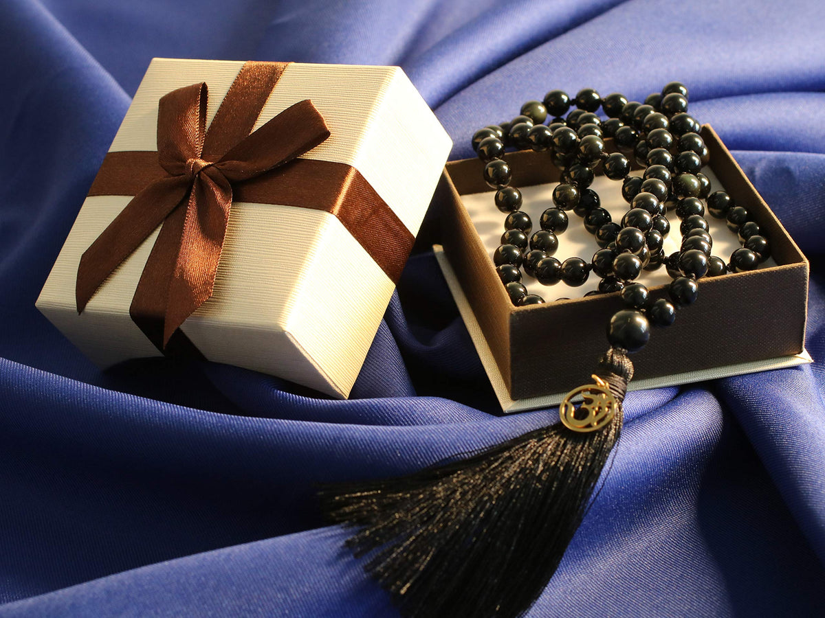 OM Charm Hand Knotted Tassel 108 Mala Beads Black Obsidian Stone Beaded Necklace 8mm (8mm / Black Obsidan)