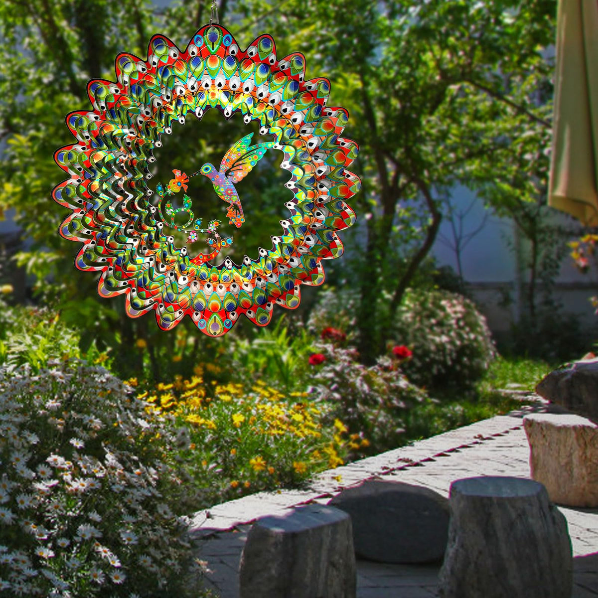 Hummingbird Wind Spinner for Yard and Garden (12in / 009-1green Multi Color-1hummingbird)