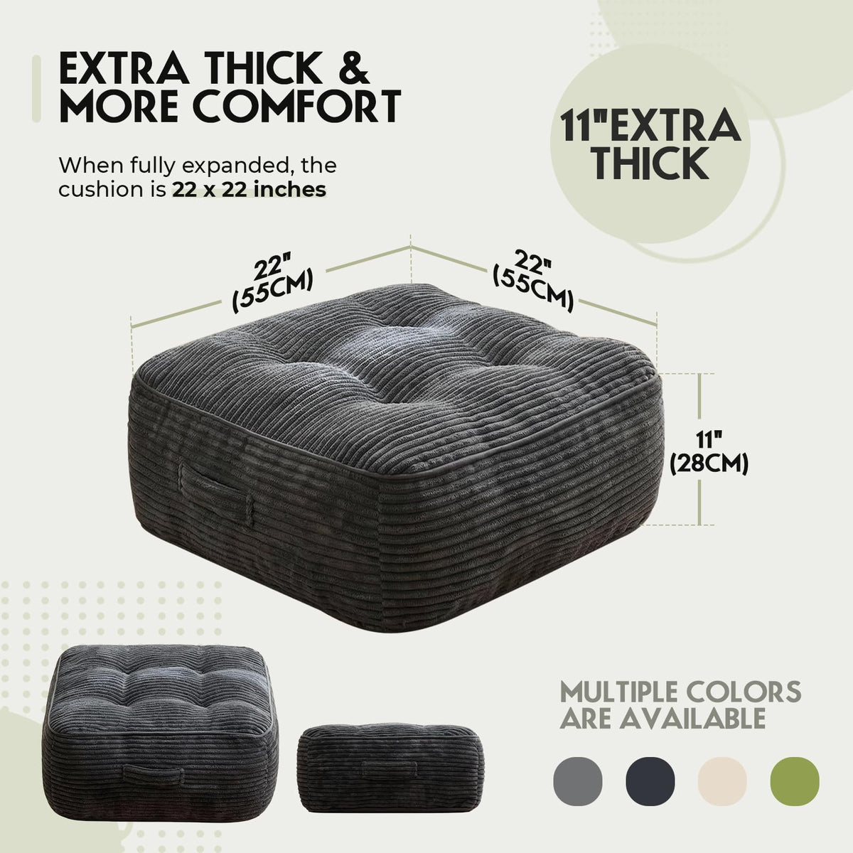 11" Thick Washable Floor Pillow for Adults (Dark Gray)