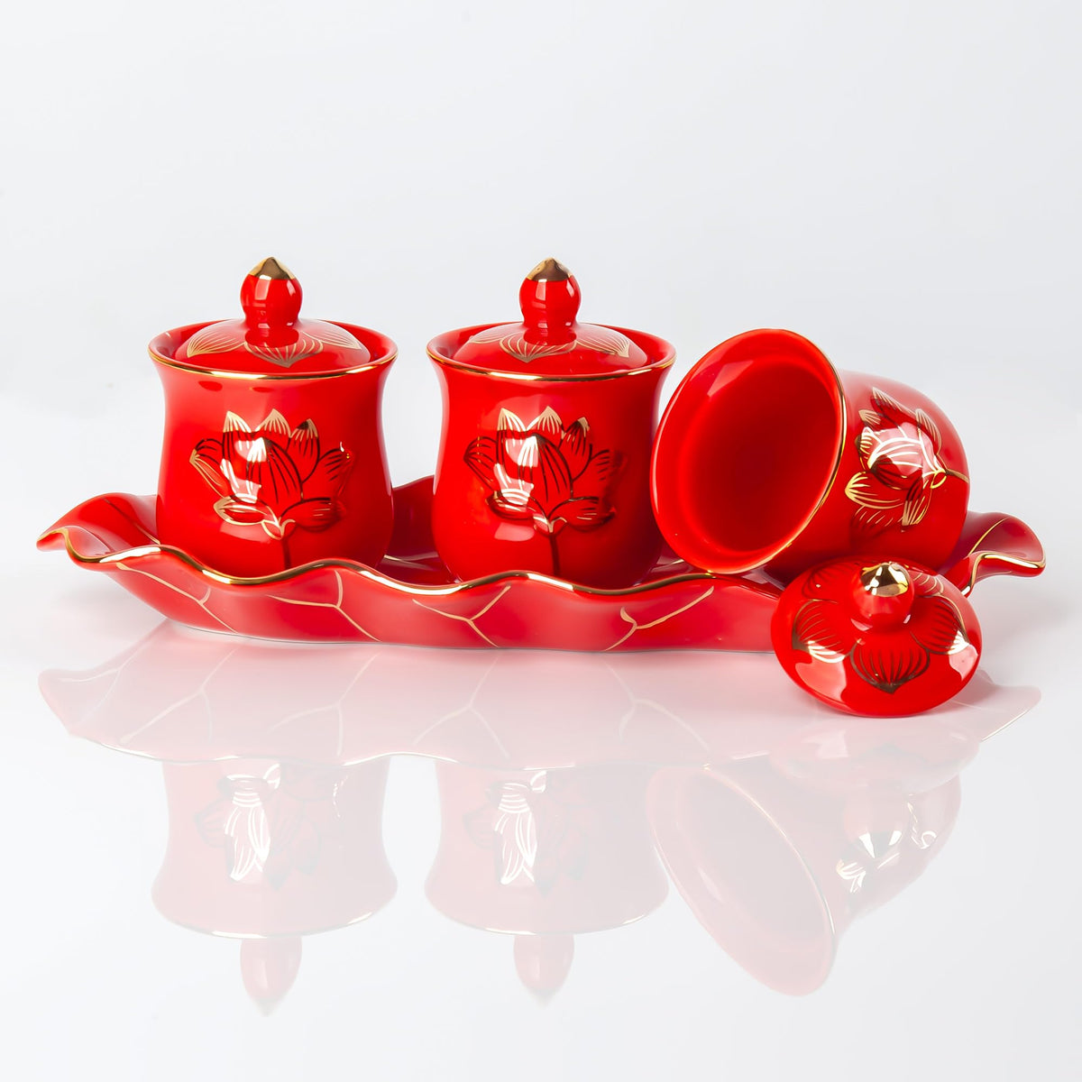 Red Buddhist 3 Altar Cups Set (3 Red Ceramic Cup Set)