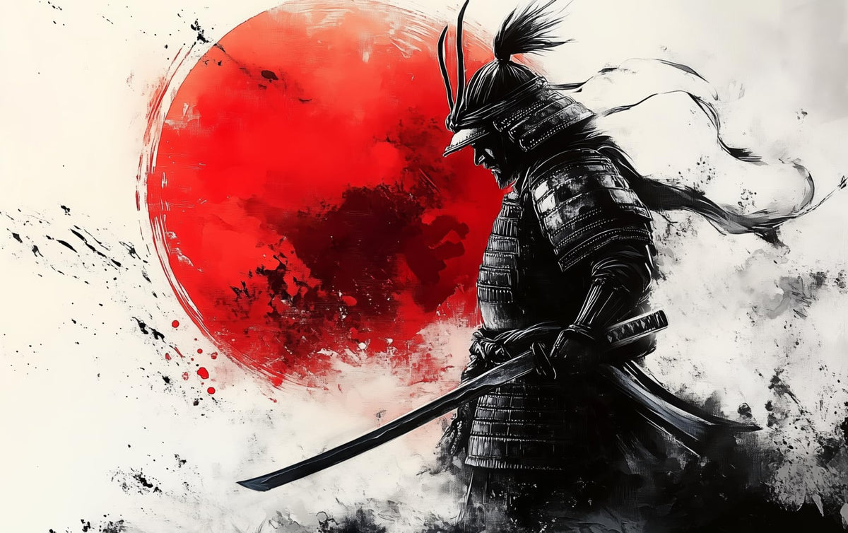 Blood Moon Samurai Silhouette Ink Splash Canvas Framed Wall Art (24"L x 36"W / Samurai27)