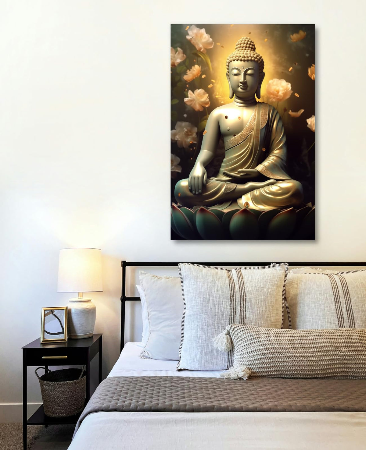 Zen Canvas Wall Art Buddha with Peony Picture Flower Poster Meditation Spiritual Artwork for Yoga Spa Room Bathroom Office Home Decor Framed (18"L x 12"W / Buddha-3)