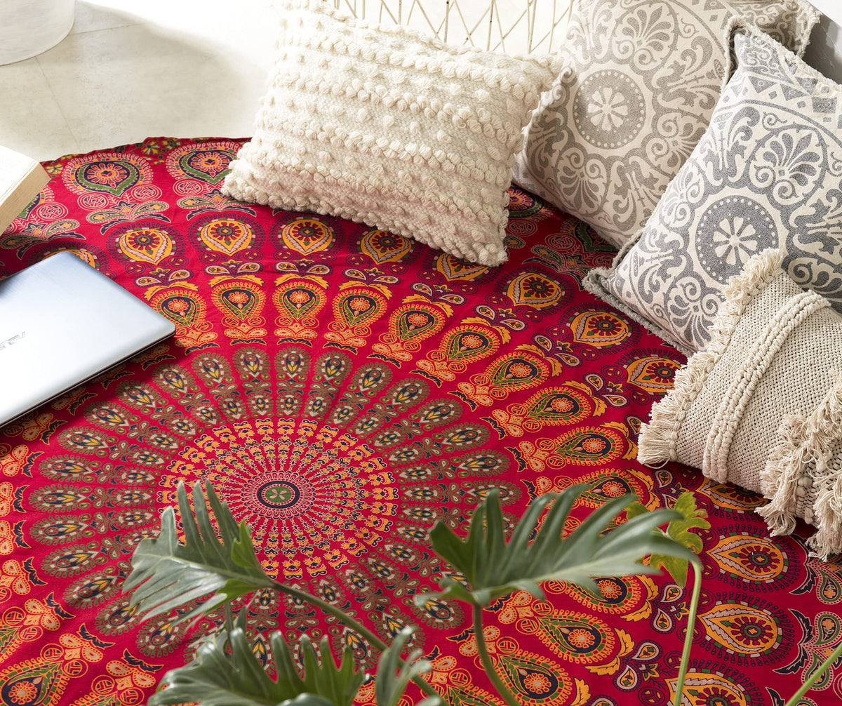 Round Tapestry Wall Hanging Hippie Mandala Roundie Bohemian Hippy Intricate Indian Tapestries Tablecloth 70 Inches (Red_Yellow / 70"L x 70"W)