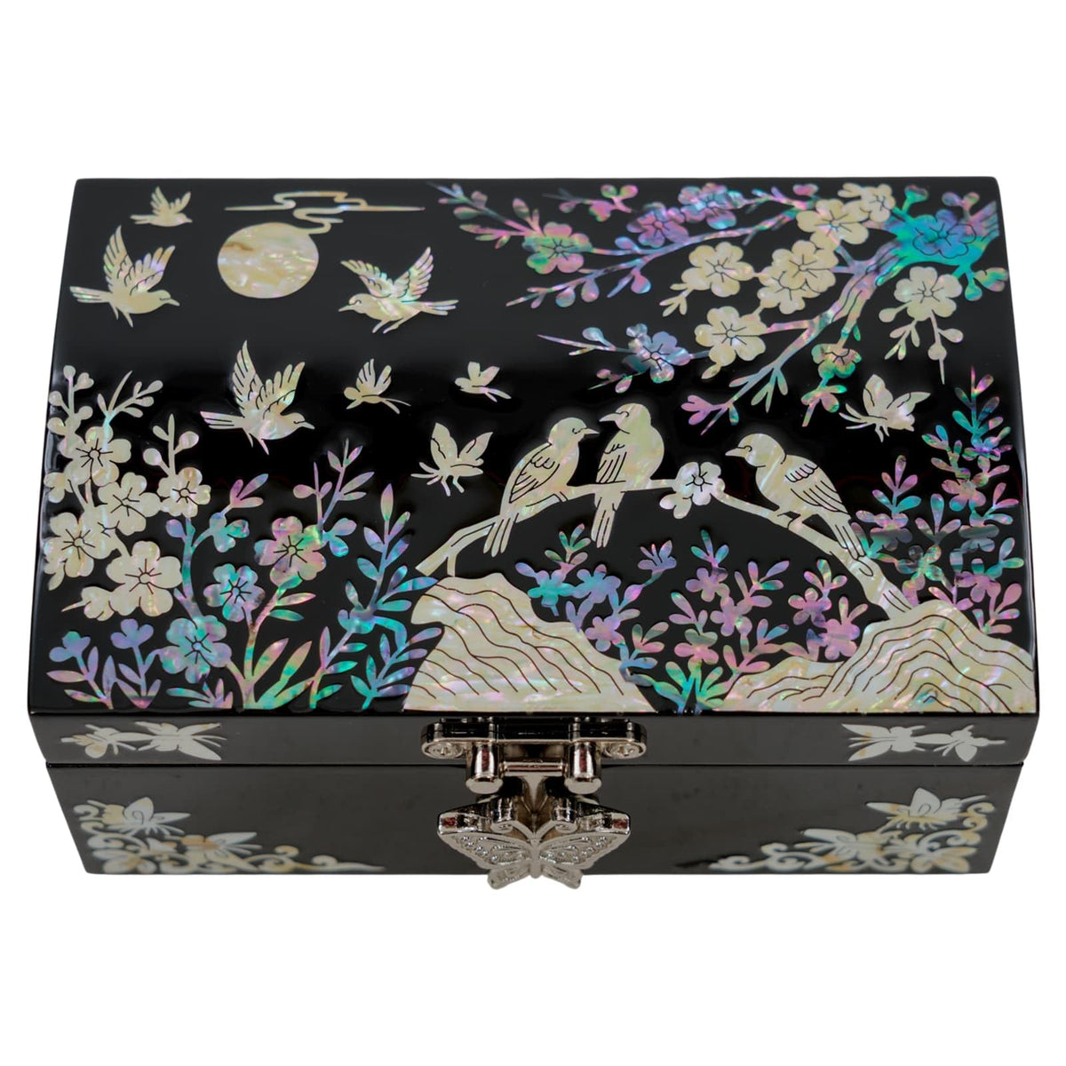 Mother of Pearl Small Jewelry Ring Box (Black-Birds)
