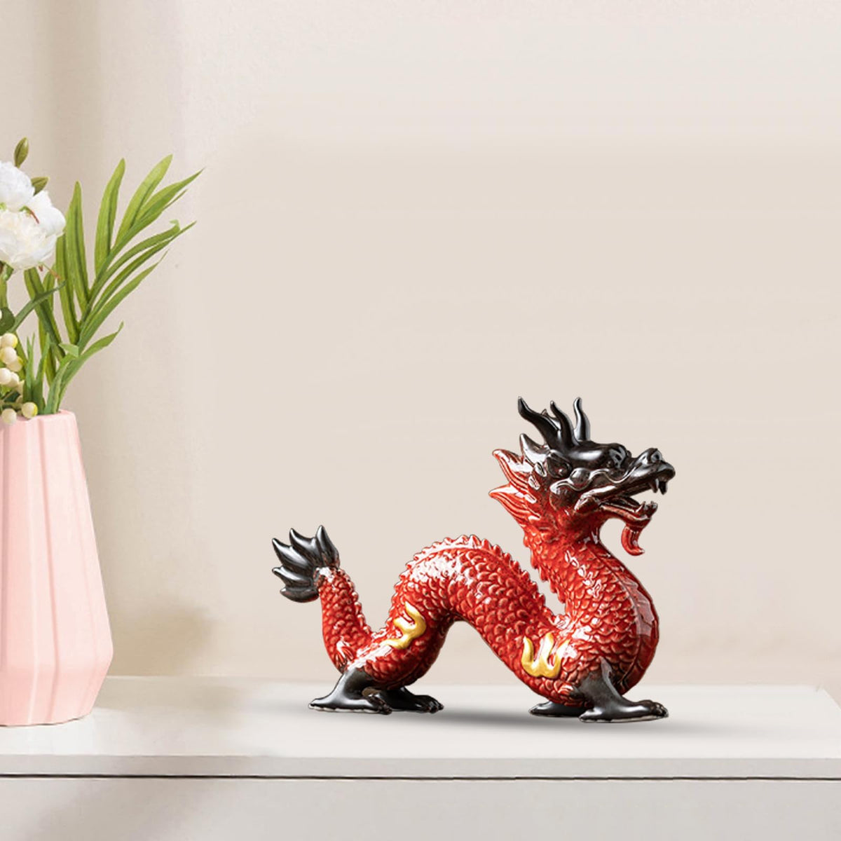 Feng Shui Ceramic Dragon Figurine (Red)