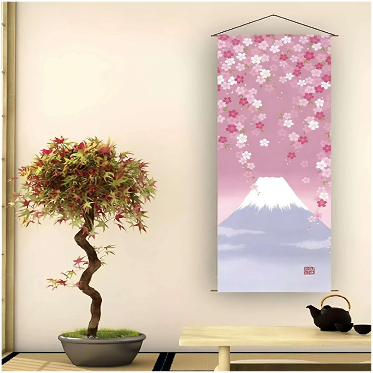 Pink Cherry blossom and Mount Fuji Japanese Scroll Wall Art (Pink Cherry blossom and Mount Fuji)