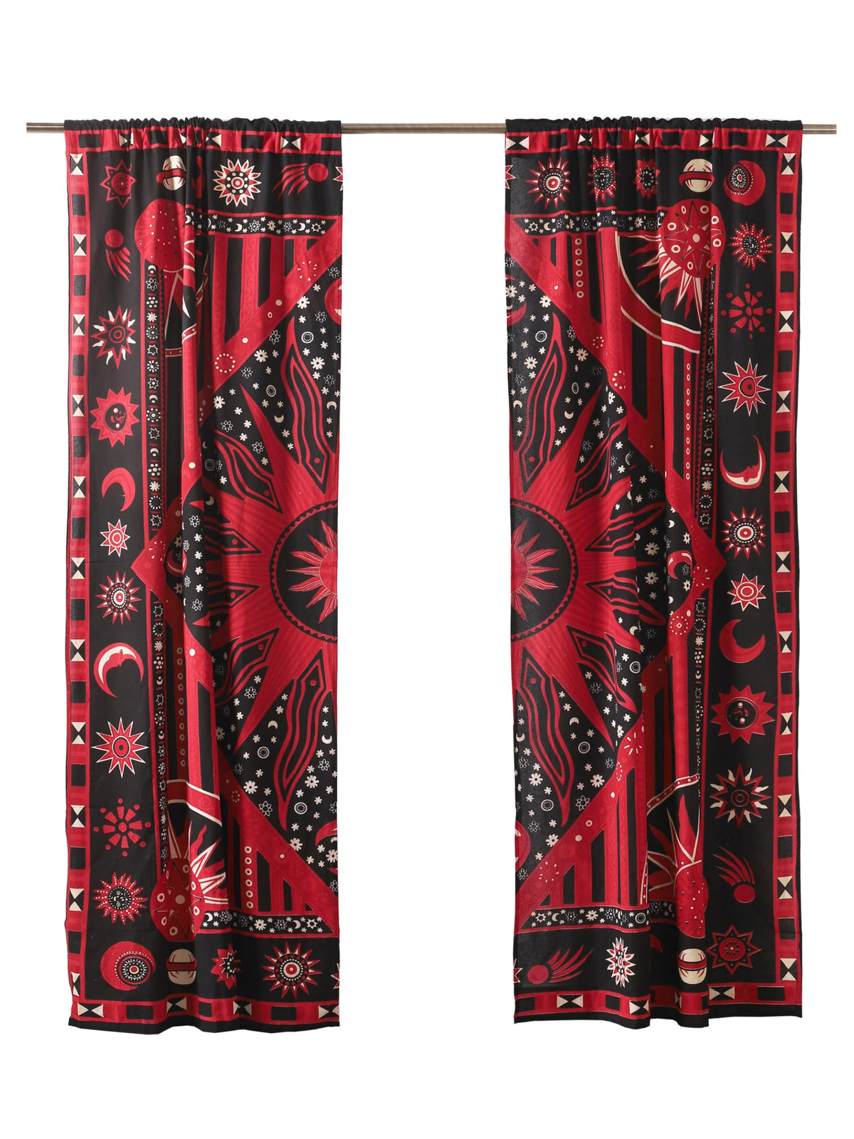 Red Burning Sun Hippie Mandala Curtains 100 Inch Length for Living Room Bedroom 2 Panels Set Light Filtering Semi Sheer Window Curtains 84 Inch Width Boho Farmhouse Drapes W84xL100 (84"W x 100"L (Pack of 2) / Red Black)