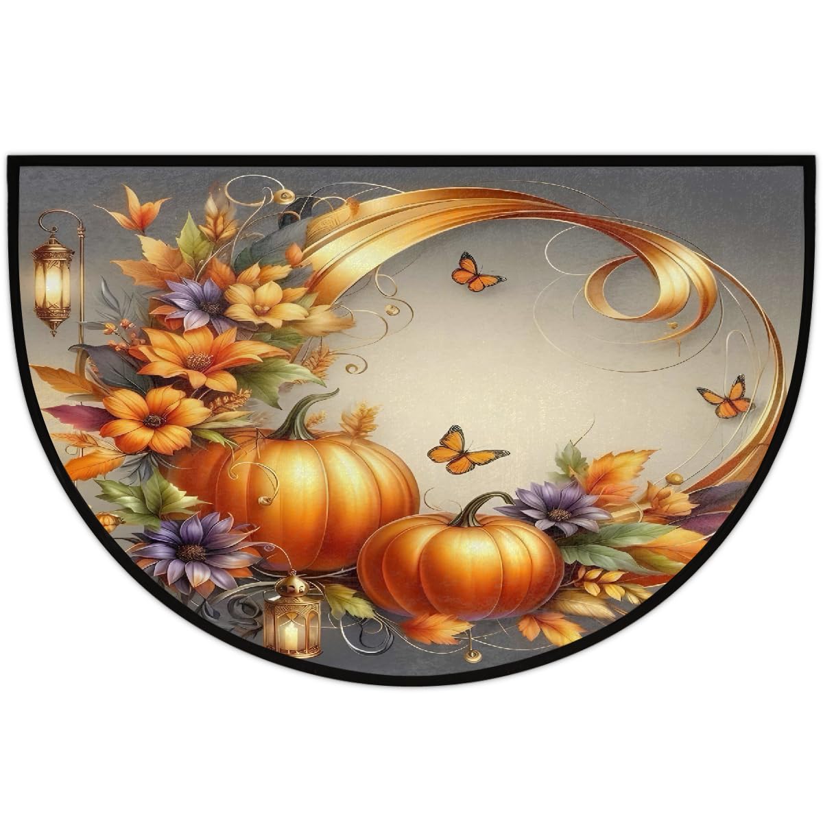 Half Round Doormat Autumn Fall Pumpkins Floral Washable Semi Circle Rug Non Slip Absorbent Half Moon Rug Kitchen Floor Mat for Indoor Outdoor Bathroom Patio Front Welcome Fireplace Hearth (Fall 01)