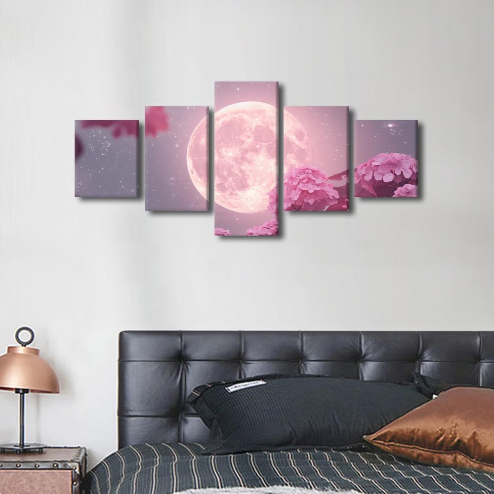Canvas Wall Art Celestial Moon Radiance Five Panel Framed Painting Starry Night Sky Decor Galaxy Inspired Wall Art Modern Astronomy Decor Ready To Hang 50"Wx24"H‌ (50''Wx24''H / Artwork-12)