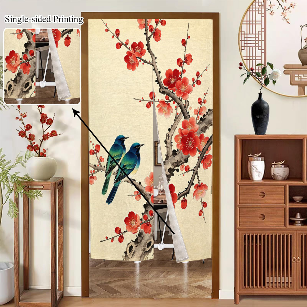 Japanese Noren Doorway Curtain New Chinese Bird Flower Tapestry 33.5x59inch (Beige Red / 33.5"W x 59"L (Pack of 1))