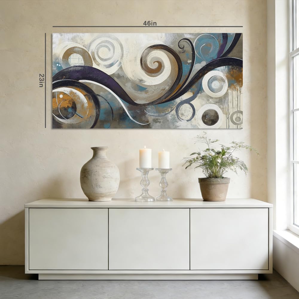 Teal Brown Swirl Geometric Canvas Wall Art Modern Abstract Painting Flat Print Gallery Wrapped Contemporary Artwork for Living Room Bedroom Bathroom Decor (Abstract / Blue Swirl 12 / 46"L x 23"W)