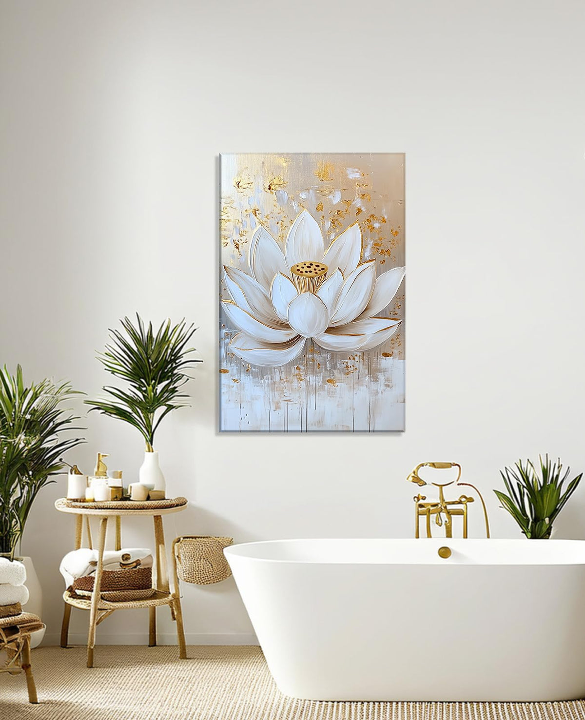 Lotus Canvas Wall Art Zen Wall Decor Framed White and Gold Lotus Flower Picture Meditation & Relax Painting Prints Spiritual Room Living Room Bathroom Ready to Hang (36"L x 24"W / D - White Gold)