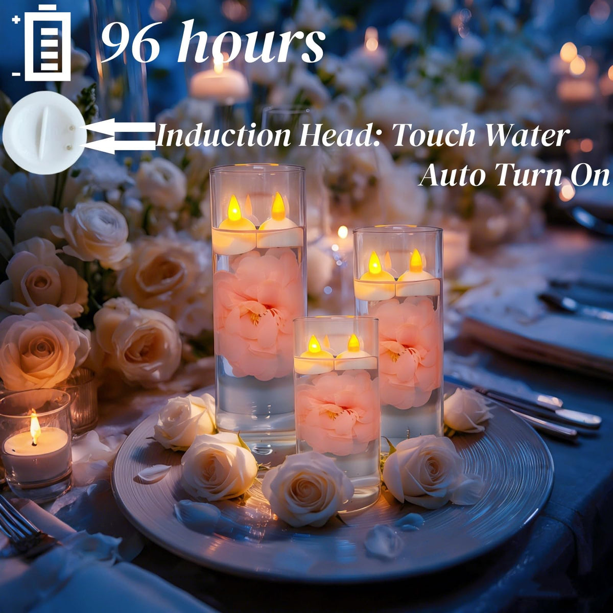 24 Pack Flameless Floating Candles for Centerpieces with Floating Flower (Pink)
