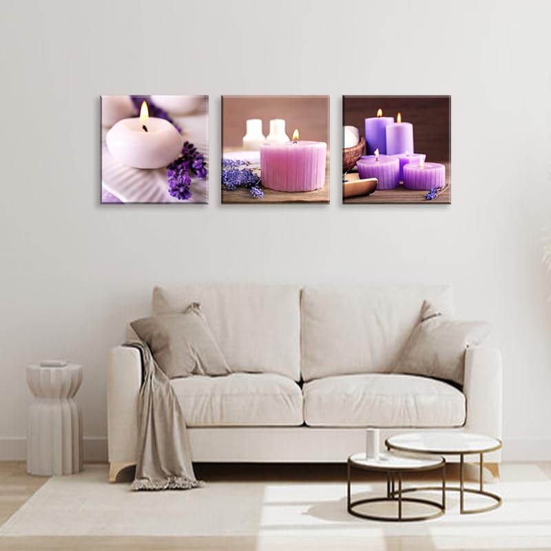 Zen Canvas Wall Art Spa Still Life with Lavender Aromatherapy Candles and Zen Stone Aroma Lavender Flower Painting Pictures Print on Canvas Ready to Hang for Bathroom Decoration (12X12inchX3pcs / lavender candles)