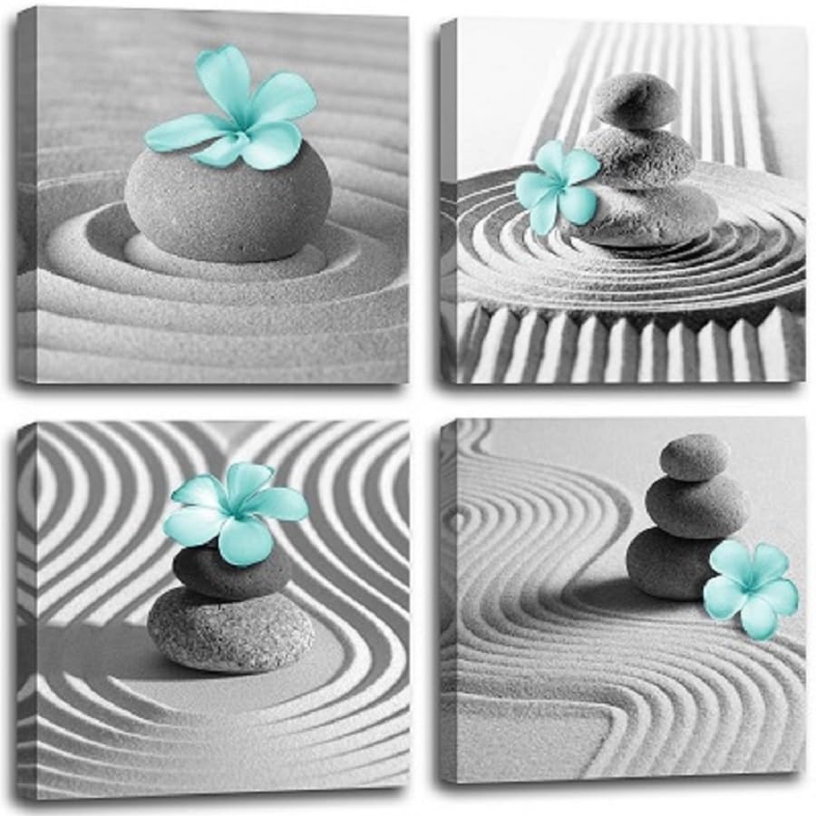 Gray Wall Art Zen Wall Art Teal Floral Paintings Black and White Decor Zen Stone Sand Pebble Canvas Flower Artwork for Wall Home Decoration Bathroom Wall Decor 12''x12''x4pcs (Teal Gray Wall Art / 12"L x 12"W x 4 pcs)