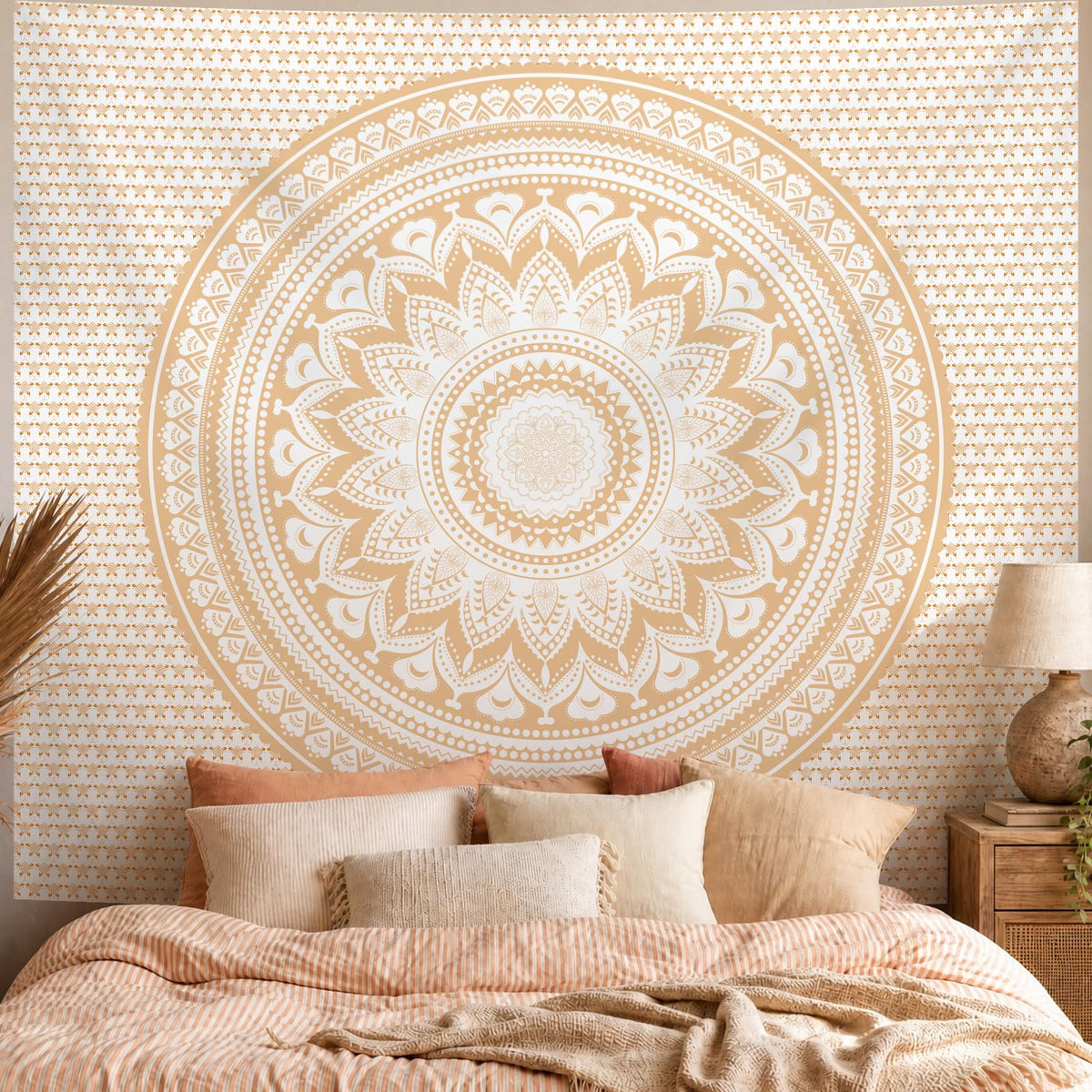 Boho Mandala Wall Tapestry for Bedroom (A-Beige Mandala Tapestry / 79"L x 60"W)