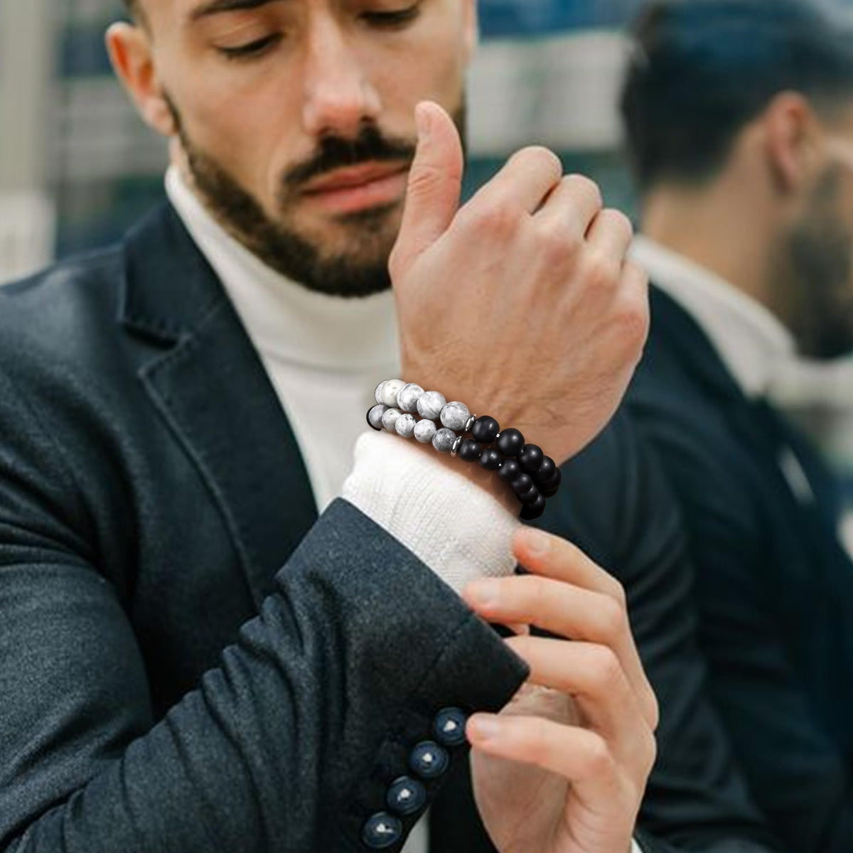 Mens Bracelets 8MM Natural Stone Beads Bracelet Set Stretch Adjustable Beaded Bracelets for Men (2,gray,black)