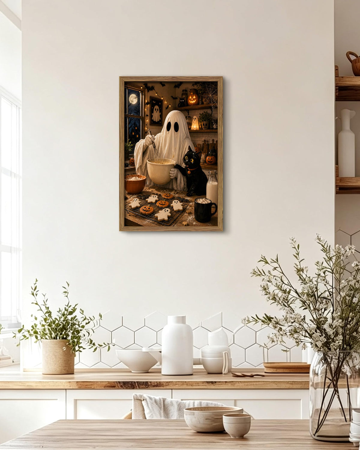 Framed Funny Halloween Kitchen Canvas Wall Art (A-Ghost Black Cat / 24"L x 16"W)