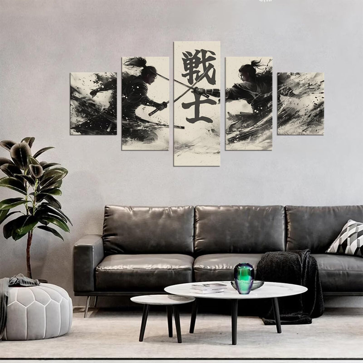 Japanese Samurai Canvas Wall Art Black and White Warrior Figure Painting Modern Home for Office Living Room Decor Minimalism Ancient Character Posters Decorations Artwork Framed (50"Wx24"H / Grey and white)