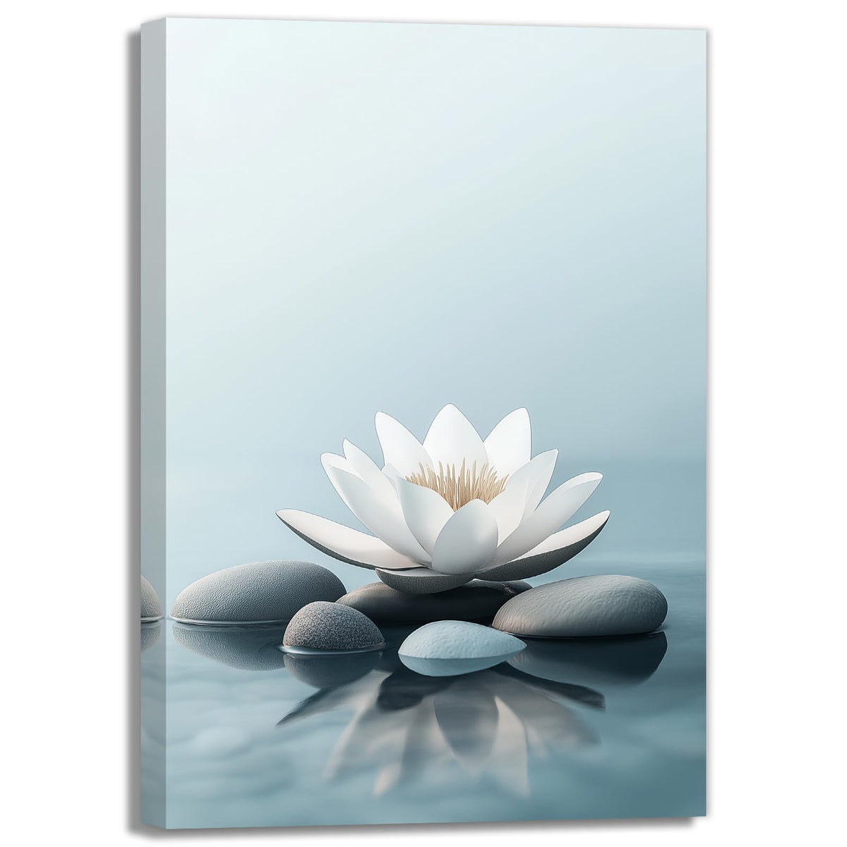 White Lotus Canvas Wall Art Spa Stone Picture Print Lotus In Water Poster Blue Zen Tranquility And Relaxation Painting Framed Artwork Ready To Hang (Artwork-3 / 18"L x 12"W)
