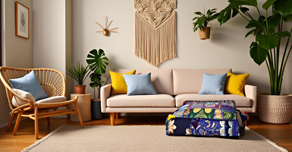 Indian Square Patchwork Traditional Pouf Cover Indian Living Room Poufs Decorative Embroidered Designer Ottoman Home Living Footstool Chair Cover Decor Pillow Cover 18x18x5 inches (18"D x 18"W x 5"H / Blue)