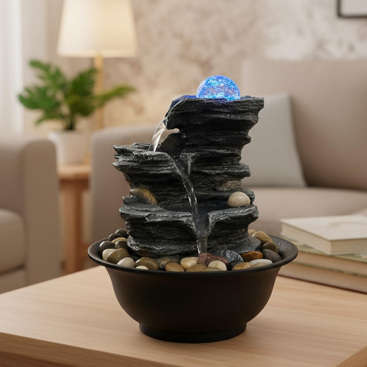 Tabletop Water Fountain Indoor Waterfalls Fountains with Colored LED Light (C)