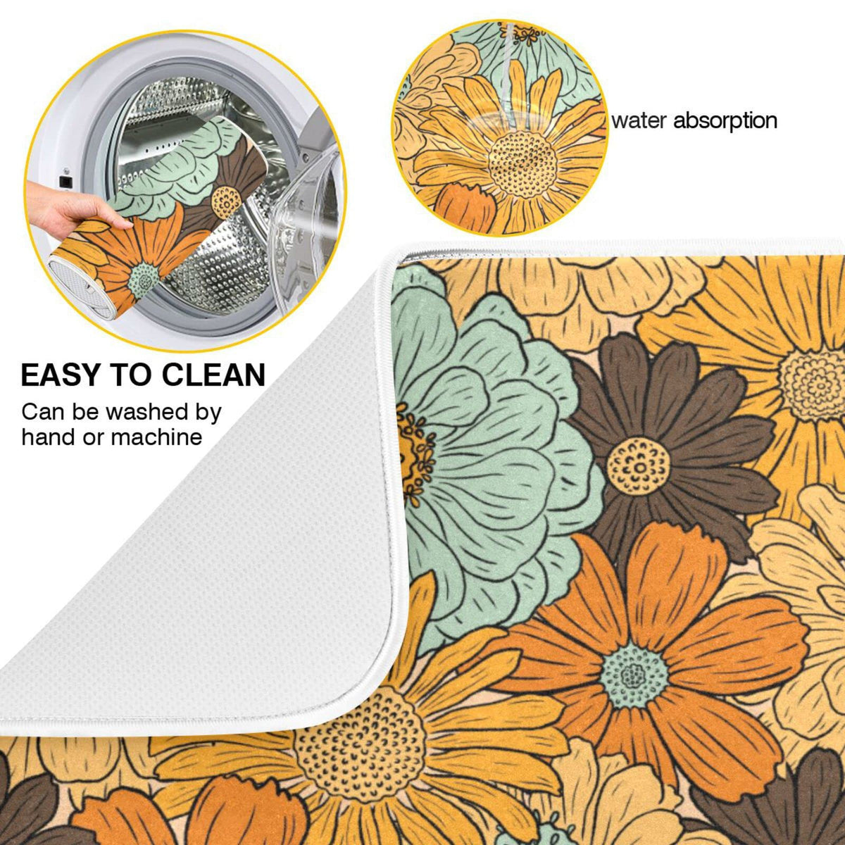 Super Absorbent Dish Drying Mat (Retro Flower Daisy / 16" x 18")