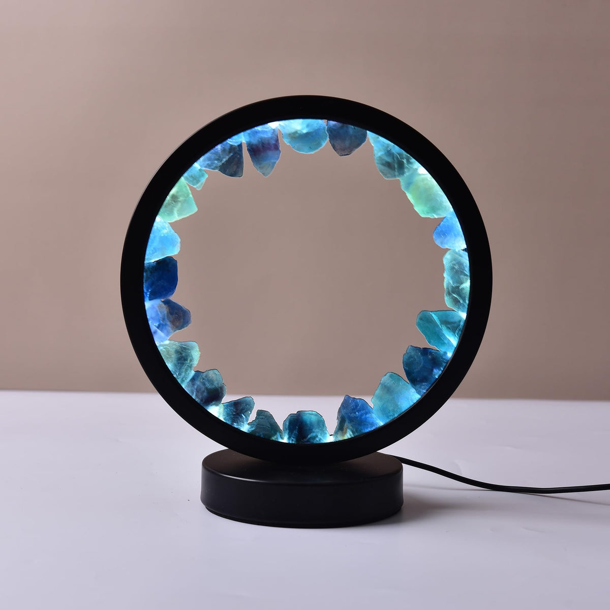 Natural Blue Fluorite Crystal Night Light Round Lamp Decor (Blue Fuorite Round)
