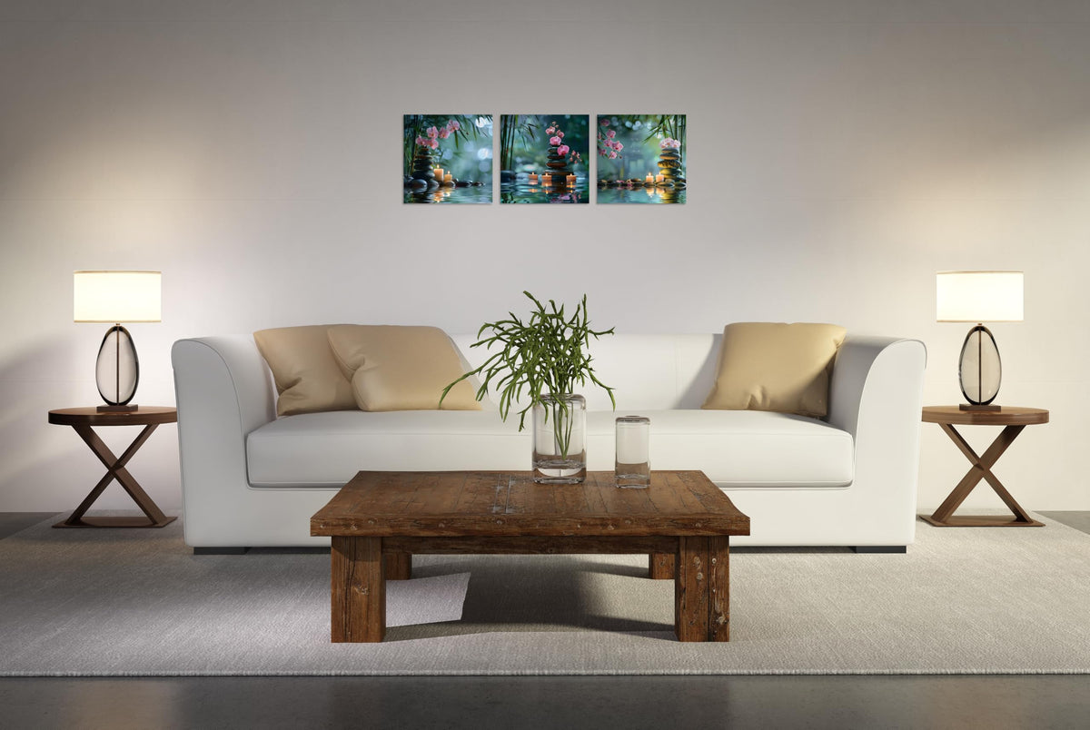 3 Panels Zen Canvas Wall Art Zen Art Green Bamboo Candle Orchid in Water Pictures Spa Artwork for Bathroom Spa Pictures for Home Decor Wall Decoration Ready to Hang Each Panel 20x20inch (20x20inchx3 / Pink Zen 4)