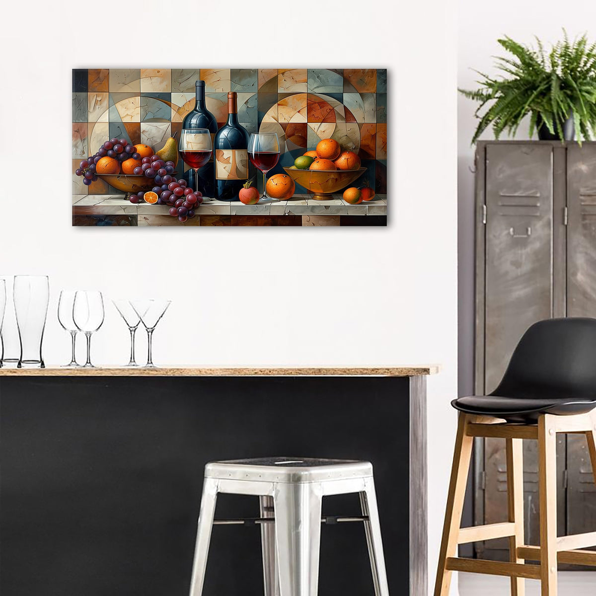 Abstract Kitchen Wall Art Decor Geometric Dining Room Wall Decor Red Wine Glass Canvas Prints Rustic Farmhouse Fruits Still Life Painting Living Room Wine Bar Art Wall Decor Home Decorations 20x40" (40"L x 20"W / Abstract Kitchen)