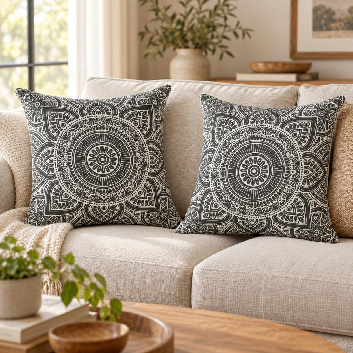 Mandala Accent Spring Summer 16x16 Set of 2 Decorative Throw Pillow Covers 100% Cotton Home Decor Pillowcases for Sofa Couch (Graphite / 16" x 16" (Pack of 2))