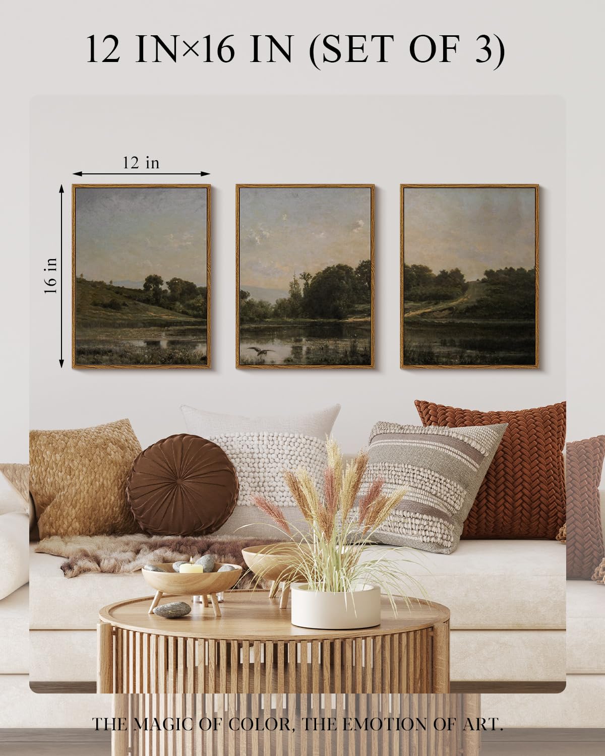 Vintage Framed Landscape Wall Art Set of 3 12x16 Countryside Lake Canvas Painting (Field Triptych / 12"x16"x3)