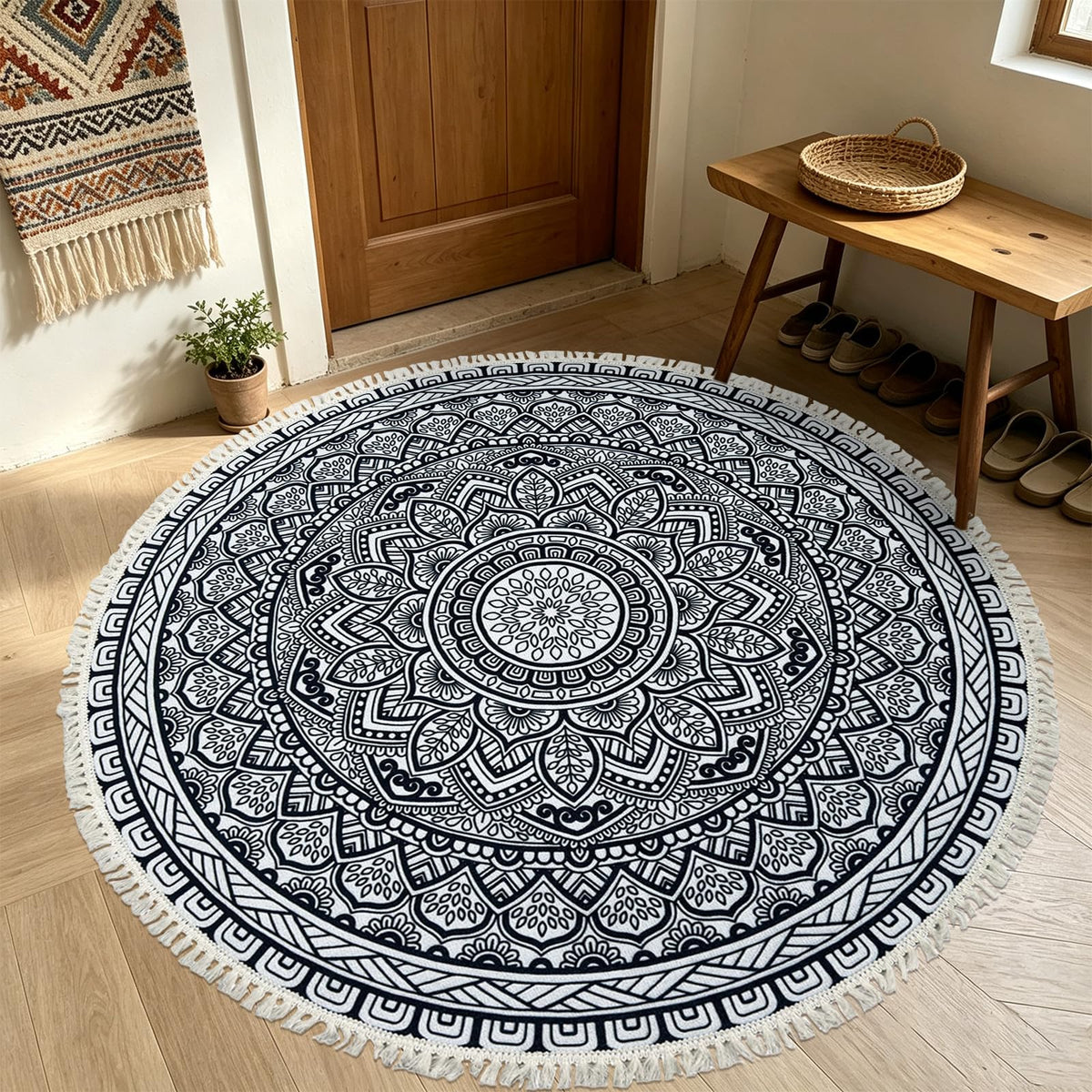 Round Rug 5Ft Circle Boho Washable Farmhouse Bedroom Carpet (Boho Flower 2 / 5' (Round))