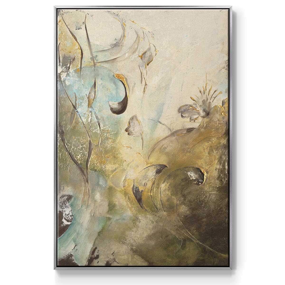 Nature Wall Art Silver Floating Frame Paintings Modern Enchanted Garden Foliage Abstract Hanging Artwork Home Prints for Bedroom Office Kitchen (41"L x 27"W / Enchanted Garden II)
