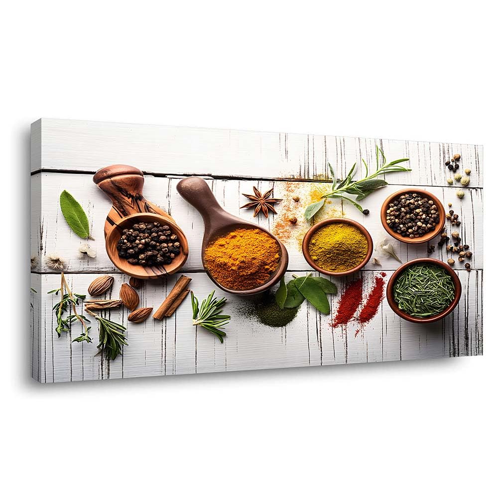 Vintage Culinary Spices Canvas Wall Art Turmeric Curry Herbs Painting Flat Print Gallery Wrapped Artwork for Living Room Bedroom Bathroom Decor (Retro / White Spice Arrangement 15 / 40"L x 20"W)