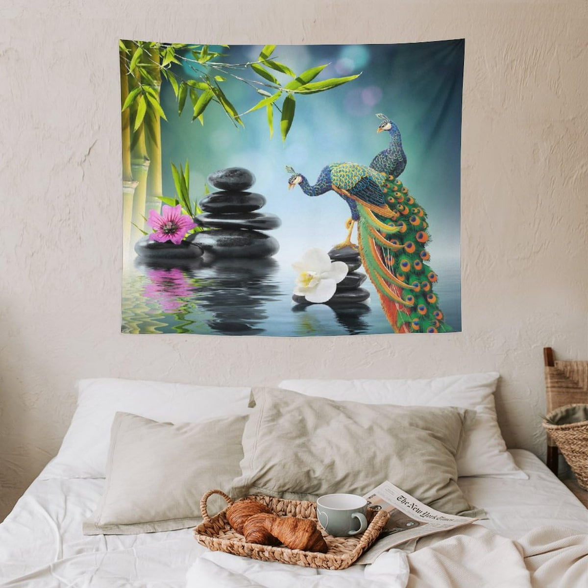 Zen Garden Tapestry Wall Hanging Peacock Green Bamboo Leaf Purple White Flower Black Stone Water Landscape Spa Themed Tapestries Home Decor for Living Room Bedroom 50"x60" (50"L x 60"W / Zen-9)