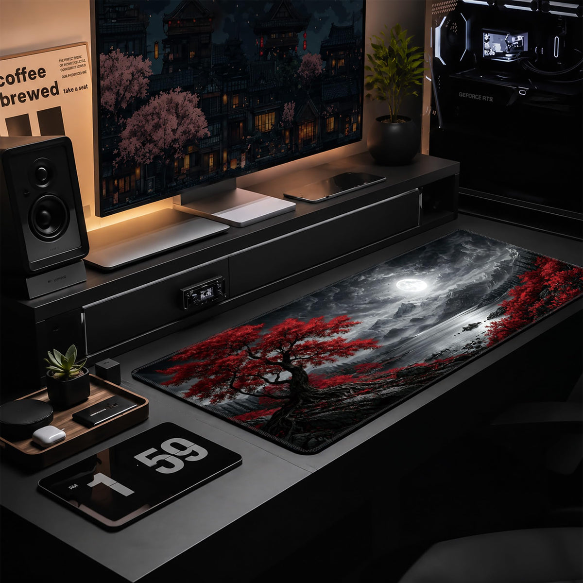 Red Tree Mountains Large Gaming Mouse Pad Desk Mat Extended Mousepad (Red maple tree at night / 35.4L x 15.7W inches)