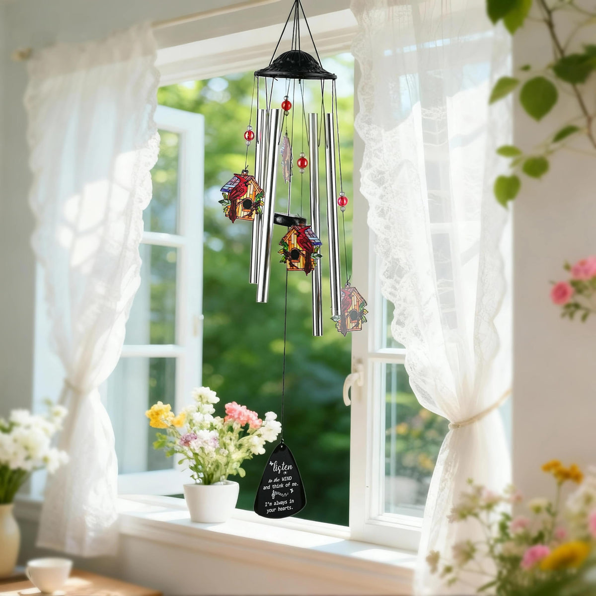 Cardinal Memorial Wind Chime (Cottage Garden – Birdhouse – 34 Inch)