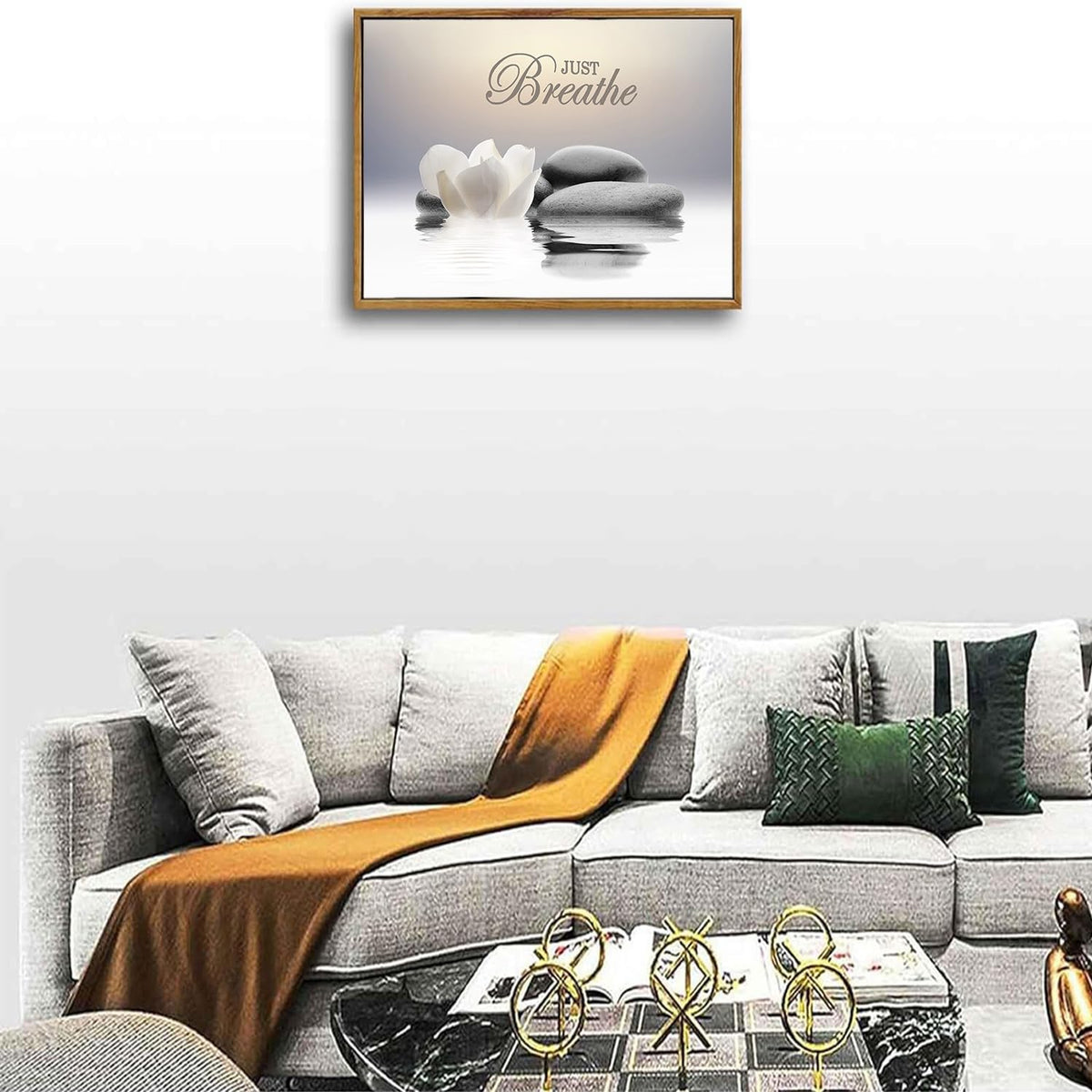 Zen Stone Wall Art White Lotus Flower Prints Artwork Modern Zen Spa Poster Just Breathe Yoga Quotes Pictures Wall Decor for Yoga Room office Bathroom Meditation room 12 x 16 in Unframe (Zen Stone Poster / 12"L x 16"W)