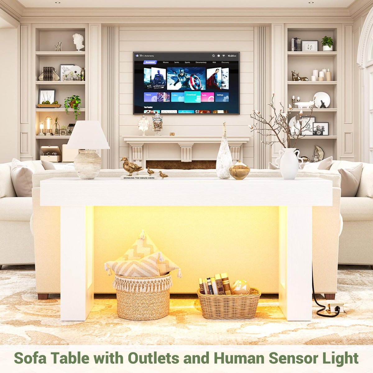 63" Console Table with Sensor Light & AC Outlets with USB (Pure White / 63IN)