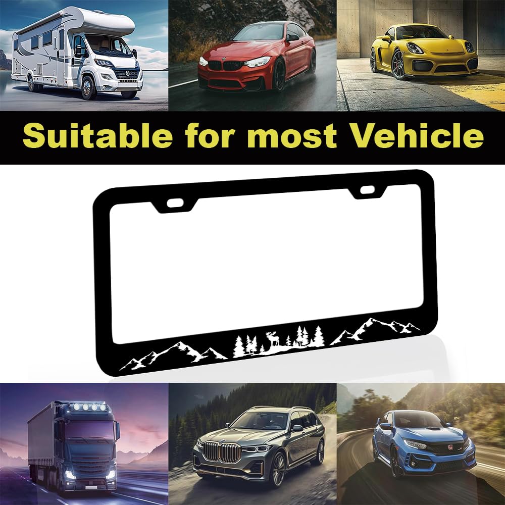 Moose Forest Mountains License Plate Frame Women Men 2Pc Car Tag (for Mountain-Black1)
